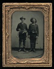 Half Plate Tintype Two Men Armed w Guns & Knife - Indian Scouts Cowboys Outlaw? picture