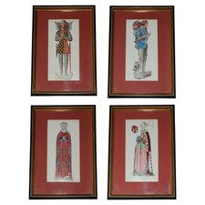 FOUR FRAMED WATER COLOUR PRINTS OF MEDIEVAL KNIGHTS & LADIES WITH INSCRIPTIONS picture
