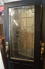LEADED BEVELED GLASS & WOOD DOUBLE DOORS W/HARDWARE picture