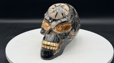 7 Kilo Guerrero Ancient Obsidian Crystal Skull Inlayed Gold Leaf Alien Ojuelos picture