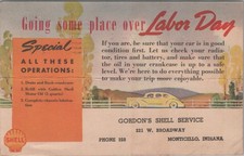Gordons Shell Gas Station Monticello Indiana IN Motor Oil Labor Day Postcard picture