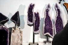Sculptural Pair of Amethyst Geodes Set on Custom Stands, 6.6 Ft. Tall, AAA-Grade picture