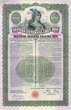 Uncanceled German Dawes External Gold Loan 7% 1924 $1,000US Bond with Pass-co picture