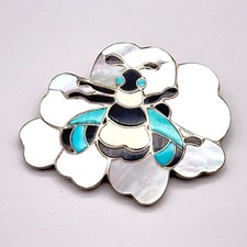 Vintage Zuni Native Sonny Wallace Bee Turquoise Inlay Silver Pin Brooch Pendant picture