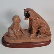 Sitting Dog & Crawling Child Stare Love Statue Wood Base Beautiful picture