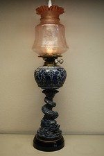 ANTIQUE ENGLISH MAJOLICA SALT GLAZED STONEWARE BLUE SEA MONSTER FIGURAL OIL LAMP picture