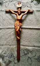 Antique Wooden Jesus Christ Crucifix Cross Religious Catholic Statue Carved 40” picture