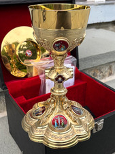 + Vintage Antique All French Silver Enameled Gothic Chalice & Paten Set (CU100) picture