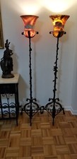 Fabulous Pair Arts Crafts Wrought Iron Dragon Torchiere Lamps w Marble Shade 68” picture