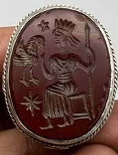 Seated Roman  Emperor Vintage Hand Carved Agate Intaglio Seal Silver Signet Ring picture