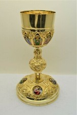 Nice Older Antique Goldplated Chalice with Enamels, 4 Evangelists, 9 1/4