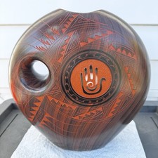 Vintage Navajo Handmade Pottery Vase “Shaman’s Handprint” By Mitchell Blackhorse picture
