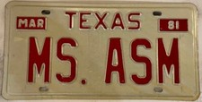 Vanity MISS ASM license plate Amy Anna Amelia Ava Audrey Allison Abigail Alice picture
