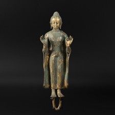 South East Asian Antique Gilt Bronze Standing Buddha Statue in Abhaya Mudra picture