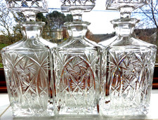 ANTIQUE SET 3 DECANTERS SQUARE HANDCUT CRYSTAL ORIGINAL SQUARE STOPPERS PERFECT picture