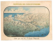 c. 1880 Pictorial View 'Panorama del Canale di Panama' French Panama Canal Plan picture