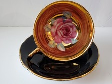 Paragon Cabbage Rose Teacup Saucer Black Gold A3921 Double Warrant Antique Rare picture