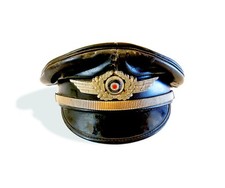 WW1-WW2 German Officer's Black Leather Muir Visor Cap, Strap + Wreath & Cockade picture