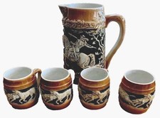 Ceramic Pitcher & 4 Mugs 1920s With Raised Hunt Scenes Germany Sitzendorf picture