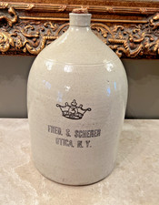 ATQ. PRE PROHIBITION 1903-1909 FRED & SCHERER 3 GALLON STONEWARE JUG UTICA N.Y. picture