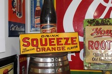 SCARCE 1920s NOS DRINK ORANGE SQUEEZE SODA EMBOSSED THIN TIN TACKER SIGN CRUSH picture
