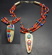 Rare WES WILLIE 3-Strand Coral NECKLACE with 14K GOLD Reversible INLAID Pendant picture