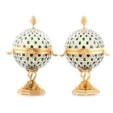 RARE GOLD PAIR OF FRENCH GREEN DIAMOND CUT BENITO CRYSTAL EGG LIQUOR SERVERS picture