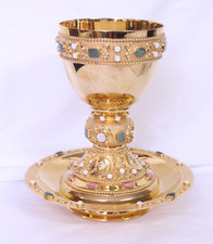 Abbott Suger Style Chalice & Footed Paten w/ Gemstones Sterling Gilt Gold picture