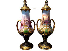 ANTQ H/PAINTED VENICE SEASCAPE ROYAL DOULTON ENGLAND 2 URNS w/HEAVY GOLD SIGNED picture