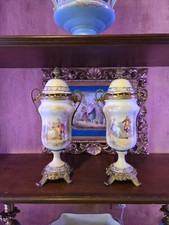 1771 GORGEOUS PAIR OF ANTIQUE SEVRES PORCELAIN COVERED SIGNED URNS picture