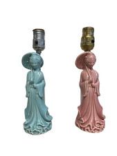 2x Chinoiserie Petite Table Lamps 60s Ceramic Vintage Retro Pink Christmas picture