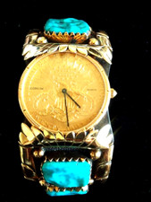 Vintage Zuni Turquoise Watch Cuff  Artist Signed 14k 24k 20 dollar  corum  watch picture