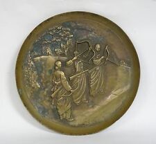 IMPRESSIVE EARLY 20c CHINESE EXPORT BRASS HUNTING  GARDEN SCENE PLAQUE PLATTER  picture