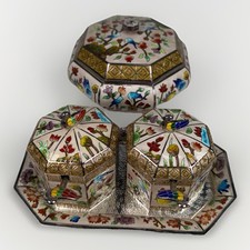 Vintage Korean 99% Fine Silver Cloisonne Enamel Lidded Box Condiment Set 1406g picture