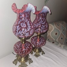 PAIR 1900s FENTON/L G WRIGHT DAISY AND FERN GONE WITH THE WIND CRANBERRY LAMPS picture