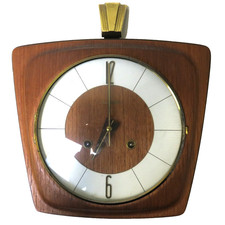 50's 60's Wall Clock Brass DUGENA Mechanical FHS 130-020 Mid-Century Modern Wood picture