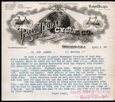 1897 Bicycle - Ralph Temple Cycle Co - SUPERB Chicago - History Letter Head Bill picture