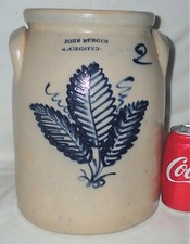 ANTIQUE PRIMITIVE COUNTRY JOHN BURGER ROCHESTER NY FERN FLOWER STONEWARE CROCK picture