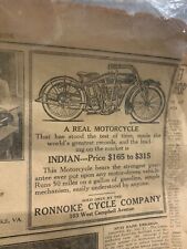 Vintage 1916 Indian Motorcyle Ad Uncut In Roanoke Times Newspaper GAS OIL AUTO picture