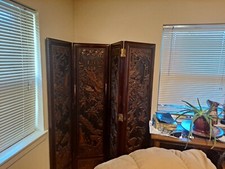 Beautiful Vintage Japanese Hand Carved Teak Wood 4 Panal Screen picture