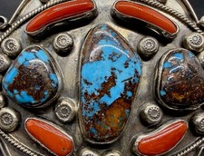 Amazing Navajo Handcrafted Sterling GEM BISBEE Turquoise & Red Coral Belt Buckle picture