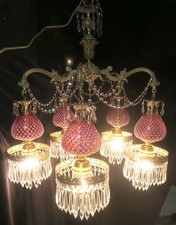 Large Fenton lamp Chandelier 5lite Vintage cranberry glass Brass Bronze Ceiling picture