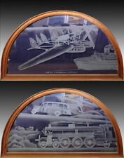 ENGRAVED AND SANDED GLASS PAIRS of PANELS ART DECO, PLANE, TRAIN, BOAT AND BUS  picture