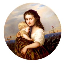 GERMAN Porcelain ANTIQUE - 19th Century Plate/PLAQUE Young GIRL AND Child picture