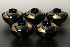 Owan Japanese soup bowl Echizen Lacquerware Handcraft Fan Pine set of 5 picture