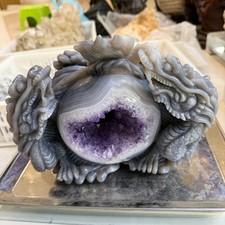 15.3LB Rare Natural Uruguay Amethyst Geode Quartz Crystal agate Carved Dragon picture