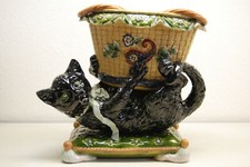 ANTIQUE GERMAN FRENCH MAJOLICA PORCELAIN VASE FIGURAL CAT PLANTER WHIMSICAL OLD picture
