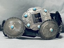 ONE OF BEST VINTAGE NATIVE AMERICAN NAVAJO TURQUOISE STERLING SILVER CONCHO BELT picture