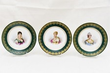 Lot of 3 ANTIQUE SEVRES HAND PAINTED GILDED PLATES WOMEN PORTRAITS SIGNED picture