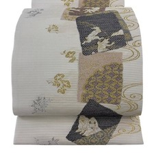 Japanese Kimono Fukuro Obi Silk Yamato Beige Choju Giga Shikishi Cards picture